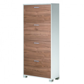 Meuble à chaussures à 4 portes à profondeur réduite en blanc et noyer