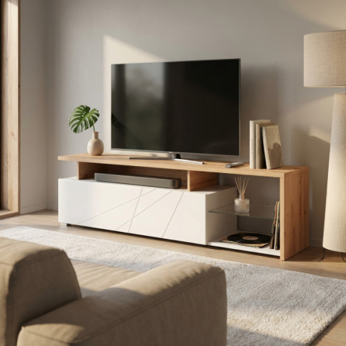Porta TV Artic in finitura bianco e rovere chiaro