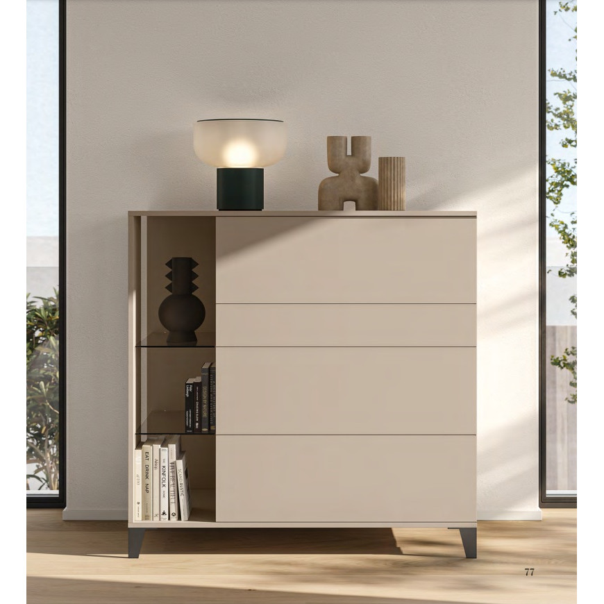 Comò/Credenza Con Ante In Vetro Scanalato En.casa - Acciaio Nero, 84x64x35 Cm, Rosso Vino