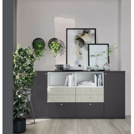 Composition de buffet avec portes, tiroirs et étagères ouvertes L106