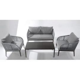 Set Tisch und Stühle für den Außenbereich, 4-teilig aus lackiertem Metall und wasserabweisenden Kissen